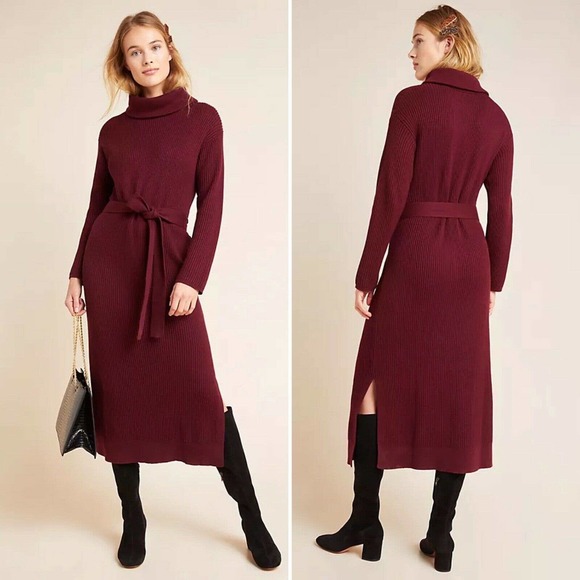 Anthropologie Dresses & Skirts - Anthropologie Carlotta Turtleneck Sweater Dress Maroon Burgundy Sash Maxi Medium